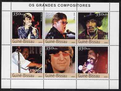 Guinea - Bissau 2003 Pop Music Song Writers perf sheetlet containing 6 values (Bowie, E John, Hendrix, Fats D, J Lennon & Barry White) unmounted mint Mi 2332-37, stamps on personalities, stamps on music, stamps on pops, stamps on rock, stamps on beatles