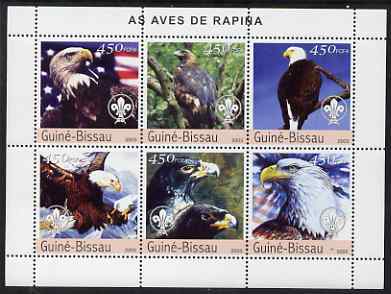 Guinea - Bissau 2003 Birds of Prey perf sheetlet containing 6 values each with Scout Logo unmounted mint Mi 2345-50, stamps on , stamps on  stamps on birds, stamps on  stamps on birds of prey, stamps on  stamps on eagles, stamps on  stamps on scouts