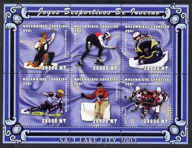 Mozambique 2001 Salt Lake Winter Olympics perf sheetlet #1 containing 6 values unmounted mint, Mi 1976-81, stamps on olympics, stamps on ice skating, stamps on bobsled, stamps on skiing, stamps on ice hockey