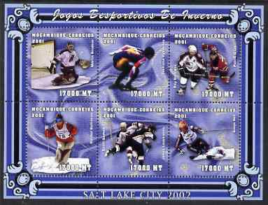 Mozambique 2001 Salt Lake Winter Olympics perf sheetlet #2 containing 6 values unmounted mint, Mi 1964-69, stamps on , stamps on  stamps on olympics, stamps on  stamps on ice skating, stamps on  stamps on skiing, stamps on  stamps on ice hockey