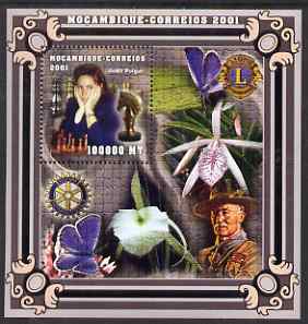 Mozambique 2001 Chess Champions perf s/sheet #2 showing Judit Polgar unmounted mint, background with Baden Powell, Lions Int & Rotary Logos, Butterfly & Orchid, Mi BL186, stamps on chess, stamps on scouts, stamps on lions int, stamps on rotary, stamps on butterflies, stamps on orchids