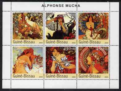 Guinea - Bissau 2003 Paintings by Mucha #2 perf sheetlet containing 6 values unmounted mint Mi 2549-54, stamps on arts, stamps on moucha, stamps on women