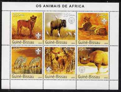 Guinea - Bissau 2003 Animals of Africa #1 perf sheetlet containing 6 values each with Scout Logo unmounted mint Mi 2438-43, stamps on , stamps on  stamps on animals, stamps on  stamps on lions, stamps on  stamps on cats, stamps on  stamps on zebras, stamps on  stamps on rhinos, stamps on  stamps on scouts, stamps on  stamps on zebra