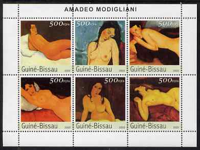 Guinea - Bissau 2003 Paintings by Modigliani perf sheetlet containing 6 values unmounted mint Mi 2561-66, stamps on , stamps on  stamps on arts, stamps on  stamps on modigliani, stamps on  stamps on nudes