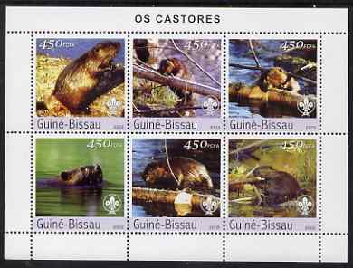 Guinea - Bissau 2003 Beavers perf sheetlet containing 6 values unmounted mint Mi 2470-75, stamps on animals, stamps on beavers