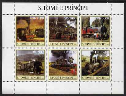 St Thomas & Prince Islands 2003 Steam Locomotives perf sheetlet containing 6 values unmounted mint Mi 2302-07, Sc 1558, stamps on railways