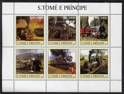 St Thomas & Prince Islands 2003 Steam Locomotives perf sheetlet containing 6 values unmounted mint Mi 2302-07, Sc 1558, stamps on , stamps on  stamps on railways