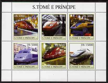 St Thomas & Prince Islands 2003 TGV Locomotives perf sheetlet containing 6 values unmounted mint Mi 2332-37, Sc 1553, stamps on railways