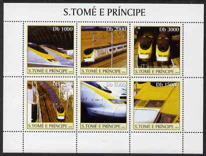 St Thomas & Prince Islands 2003 Eurostar Locomotives perf sheetlet containing 6 values unmounted mint Mi 2344-49, Sc 1561, stamps on , stamps on  stamps on railways