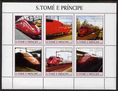 St Thomas & Prince Islands 2003 Thalys Locomotives perf sheetlet containing 6 values unmounted mint Mi 2338-43, Sc 1554, stamps on railways