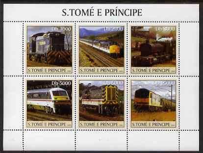 St Thomas & Prince Islands 2003 Railway Locomotives #2 perf sheetlet containing 6 values unmounted mint Mi 2308-13, Sc 1560, stamps on railways