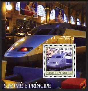 St Thomas & Prince Islands 2003 TGV Locomotives perf s/sheet containing 1 value unmounted mint Mi BL470, Sc 1563, stamps on railways