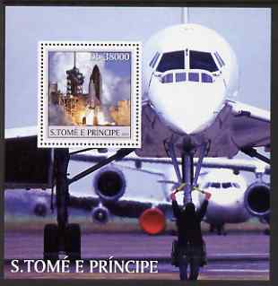 St Thomas & Prince Islands 2003 Concorde & Space Shuttle perf s/sheet containing 1 value unmounted mint Mi BL453, Sc 1537, stamps on aviation, stamps on concorde, stamps on space shuttle