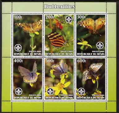 Benin 2004 Butterflies perf sheetlet containing set of 6 values each with Scouts logo, cto used, stamps on , stamps on  stamps on butterflies, stamps on  stamps on scouts