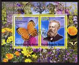 Benin 2007 Butterflies & Jules Verne #1 perf sheetlet containing 2 values fine cto used , stamps on , stamps on  stamps on butterflies, stamps on  stamps on personalities, stamps on  stamps on science, stamps on  stamps on sci-fi, stamps on  stamps on literature