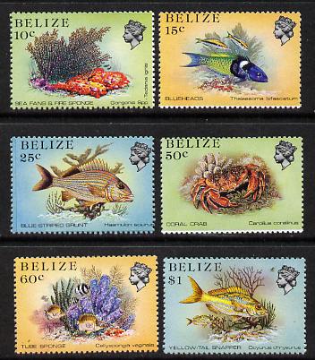 Belize 1984-88 Marine Life def set of 6 values perf 13.5 unmounted mint, SG 772-6B & 778B, stamps on , stamps on  stamps on marine-life      fish        coral    crabs