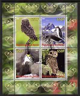 Benin 2007 Birds perf sheetlet containing 4 values fine cto used , stamps on birds, stamps on birds of prey, stamps on owls, stamps on penguins, stamps on polar