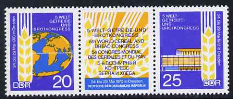 Germany - East 1970 World Corn & Bread Congress se-tenant perf strip of 2 plus label unmounted mint, SG E1296-97, stamps on , stamps on  stamps on farming, stamps on  stamps on agriculture, stamps on  stamps on corne, stamps on  stamps on grain, stamps on  stamps on wheat, stamps on  stamps on bread