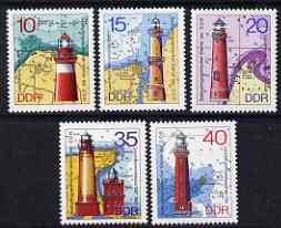 Germany - East 1974 Lighthouses #1 perf set of 5 values unmounted mint, SG E1668-72, stamps on lighthouses, stamps on maps, stamps on rescue