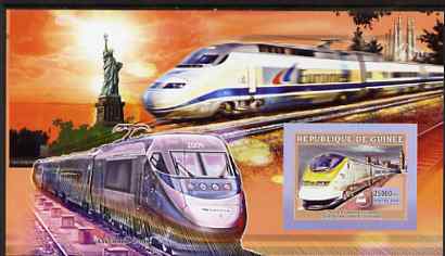 Guinea - Conakry 2006 High Speed Trains large imperf s/sheet containing 1 value (Eurostar Paris - London) unmounted mint, stamps on railways, stamps on statue of liberty