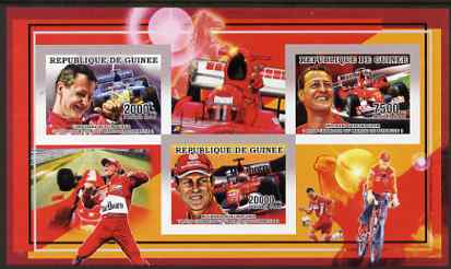 Guinea - Conakry 2006 Michael Schumacher - F1 Champion imperf sheetlet containing 3 values unmounted mint Yv 2733-35, stamps on , stamps on  stamps on personalities, stamps on  stamps on sport, stamps on  stamps on formula 1, stamps on  stamps on  f1 , stamps on  stamps on cars, stamps on  stamps on ferrari