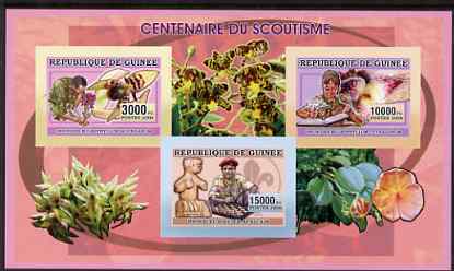 Guinea - Conakry 2006 Centenary of Scouting imperf sheetlet #03 containing 3 values (Orchids & Chess) unmounted mint Yv 2736-38, stamps on , stamps on  stamps on scouts, stamps on  stamps on flowers, stamps on  stamps on orchids, stamps on  stamps on chess