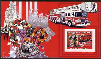 Guinea - Conakry 2006 Fire Trucks & Fire Fighters imperf s/sheet #3 containing 1 value (Mike Kehoe) unmounted mint Yv 375, stamps on , stamps on  stamps on fire, stamps on  stamps on disasters, stamps on  stamps on personalities, stamps on  stamps on flowers
