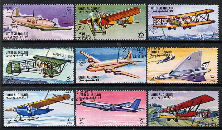 Umm Al Qiwain 1969 Aircraft set of 9 cto used, Mi 296-304 , stamps on aviation