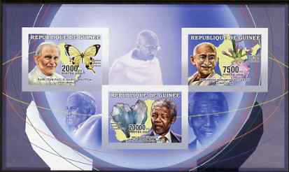 Guinea - Conakry 2006 The Humanitarians imperf sheetlet containing 3 values (Pope, Gandhi & Mandela) unmounted mint Yv 2697-99, stamps on , stamps on  stamps on personalities, stamps on  stamps on pope, stamps on  stamps on gandhi, stamps on  stamps on religion, stamps on  stamps on butterflies, stamps on  stamps on orchids, stamps on  stamps on minerals, stamps on  stamps on nobel, stamps on  stamps on personalities, stamps on  stamps on mandela, stamps on  stamps on nobel, stamps on  stamps on peace, stamps on  stamps on racism, stamps on  stamps on human rights