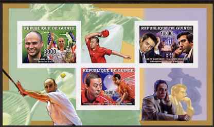Guinea - Conakry 2006 Sporting Stars imperf sheetlet containing 3 values (Agassi, Kasparov & Ma Lin) unmounted mint Yv 2700-02, stamps on personalities, stamps on sport, stamps on chess, stamps on tennis, stamps on table tennis