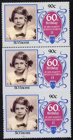 St Vincent 1986 Queen's 60th Birthday 90c unmounted mint strip of 3, centre stamp imperf on 3 sides due to comb jump SG 979var (UH \A330 retail), stamps on royalty        60th birthday