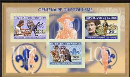 Guinea - Conakry 2006 Centenary of Scouting imperf sheetlet #02 containing 3 values (Owls) unmounted mint Yv 2706-08, stamps on , stamps on  stamps on scouts, stamps on  stamps on birds, stamps on  stamps on birds of prey, stamps on  stamps on owls