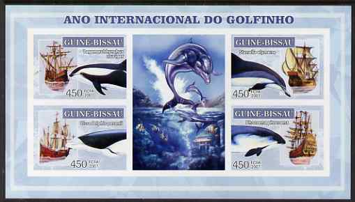 Guinea - Bissau 2007 International Dolphin Year - Tall Ships imperf sheetlet containing 4 values & 2 labels unmounted mint, stamps on whales, stamps on dolphins, stamps on ships
