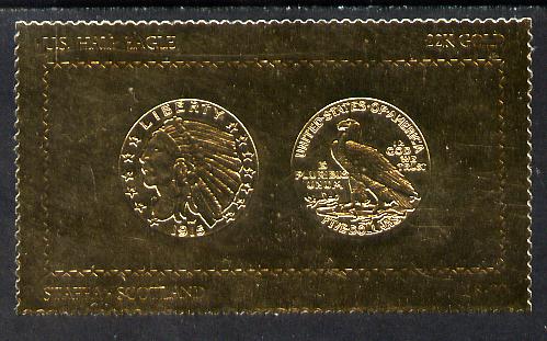 Staffa 1980 US Coins (1915 Half Eagle $5 coin both sides) on A38 perf label embossed in 22 carat gold foil (Rosen 900) unmounted mint, stamps on , stamps on  stamps on coins     americana   birds of prey