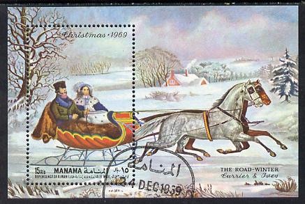 Manama 1969 Christmas (The Road - Winter Painting) perf m/sheet cto used Mi BL 42A, stamps on arts  christmas 