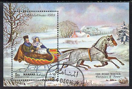 Manama 1969 Christmas (The Road - Winter Painting) perf m/sheet cto used Mi BL 42A, stamps on arts  christmas