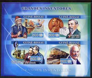Guinea - Bissau 2007 Inventors imperf sheetlet containing 4 values unmounted mint, Yv 2326-29, stamps on personalities, stamps on inventors, stamps on inventions, stamps on nobel, stamps on printing, stamps on cinema, stamps on photography, stamps on cameras, stamps on railways