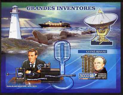 Guinea - Bissau 2007 Inventors imperf s/sheet containing 1 value unmounted mint, Yv 346, stamps on personalities, stamps on inventors, stamps on inventions, stamps on ships, stamps on lighthouses, stamps on radio, stamps on marconi, stamps on microphones, stamps on radar, stamps on communications, stamps on computers, stamps on maths