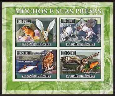 St Thomas & Prince Islands 2007 Owls & Their Prey imperf sheetlet containing 4 values unmounted mint , stamps on birds, stamps on birds of prey, stamps on owls, stamps on fish, stamps on rabbits, stamps on mice, stamps on rodents