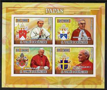 St Thomas & Prince Islands 2007 Popes imperf sheetlet containing 4 values unmounted mint , stamps on , stamps on  stamps on personalities, stamps on  stamps on religion, stamps on  stamps on popes, stamps on  stamps on pope