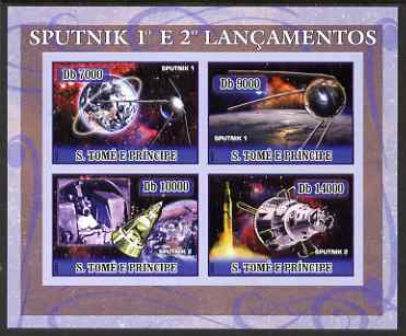 St Thomas & Prince Islands 2007 Space - Sputnk 1 & 2 imperf sheetlet containing 4 values unmounted mint , stamps on , stamps on  stamps on space