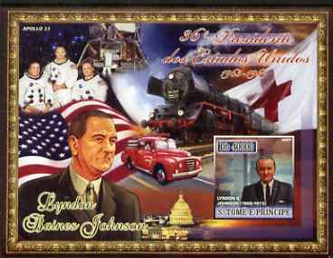 St Thomas & Prince Islands 2007 US Presidents #36 Lyndon B Johnson imperf s/sheet containing 1 value unmounted mint , stamps on personalities, stamps on constitutions, stamps on americana, stamps on us presidents, stamps on apollo, stamps on space, stamps on fire, stamps on railways, stamps on 