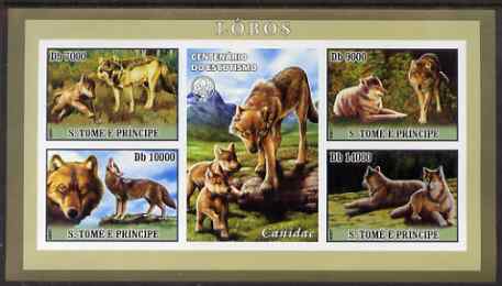 St Thomas & Prince Islands 2007 Wolves imperf sheetlet containing 4 values plus label (with Scout logo) unmounted mint , stamps on animals, stamps on wolf, stamps on wolves, stamps on scouts