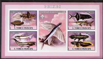 St Thomas & Prince Islands 2007 Fish imperf sheetlet containing 4 values plus label (with Scout logo) unmounted mint , stamps on fish, stamps on scouts