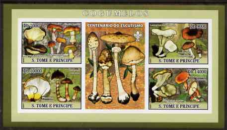St Thomas & Prince Islands 2007 Fungi imperf sheetlet containing 4 values plus label (with Scout logo) unmounted mint , stamps on , stamps on  stamps on fungi, stamps on  stamps on scouts