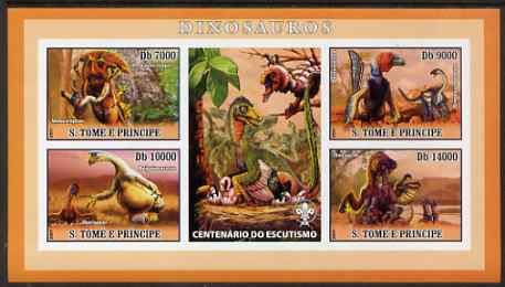 St Thomas & Prince Islands 2007 Dinosaurs imperf sheetlet containing 4 values plus label (with Scout logo) unmounted mint , stamps on animals, stamps on dinosaurs, stamps on scouts