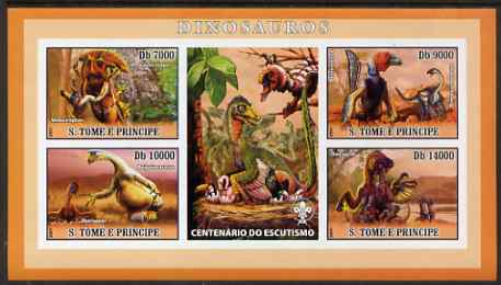 St Thomas & Prince Islands 2007 Dinosaurs imperf sheetlet containing 4 values plus label (with Scout logo) unmounted mint , stamps on , stamps on  stamps on animals, stamps on  stamps on dinosaurs, stamps on  stamps on scouts