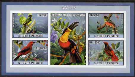 St Thomas & Prince Islands 2007 Birds #1 imperf sheetlet containing 4 values plus label (with Scout logo) unmounted mint , stamps on , stamps on  stamps on birds, stamps on  stamps on scouts