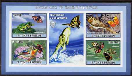 St Thomas & Prince Islands 2007 Animals & Butterflies #1 imperf sheetlet containing 4 values plus label (with Scout logo) unmounted mint , stamps on , stamps on  stamps on birds, stamps on  stamps on animals, stamps on  stamps on butterflies, stamps on  stamps on frogs, stamps on  stamps on spiders, stamps on  stamps on scouts