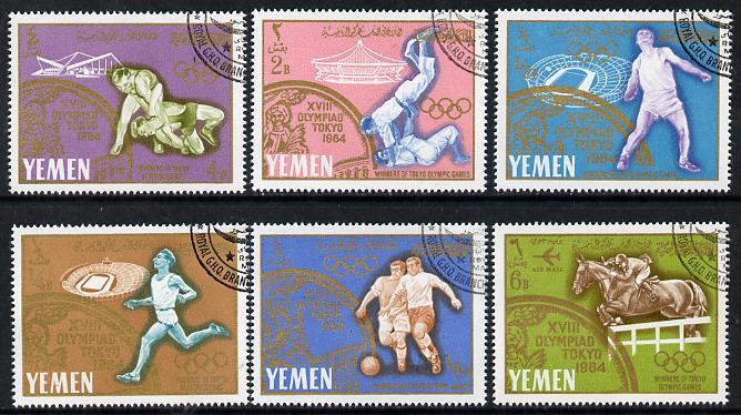 Yemen - Royalist 1965 Olympic Winners set of 6 cto used (Showjumping, Football, Running, Judo, Wrestling, Discus) Mi 196-201 , stamps on olympics  sport  wrestling  judo, stamps on martial-arts